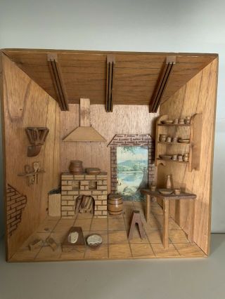 Vtg Folk Art Carved Wood 3d Diorama Shadow Box Rustic Cabin/cottage Wall Hanging