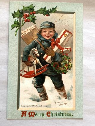 Vintage Christmas Postcard - Frances Brundage - Boy Carry’s Packages In Snow