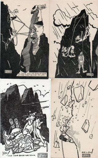 4 Old Postcards Of Rock Climbing By Richard Fisher