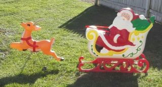 Vintage Santa Claus Sleigh With Reindeer Christmas Blow Mold