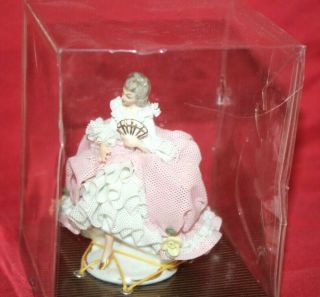 Vintage German Dresden Lace Figurine Lady Standing With Fan