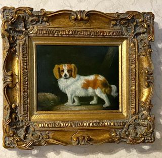 Cavalier King Charles Spaniel Signed Canvas Oil Painting,  Ornate Frame