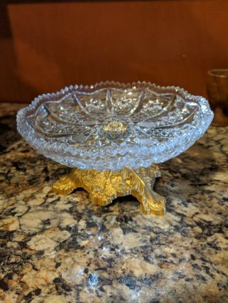 Vintage Cut Crystal Compote Candy Dish Brass Bronze Metal Footed Pedestal