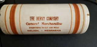 Vtg Advertising Stoneware Rolling Pin " The Berry Company " Neligh,  Nebraska