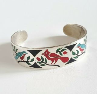 Vintage Zuni Inlay Sterling Silver Cuff Bracelet W Red Cardinal & Turquoise