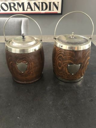 Set Of 2 English Oak Biscuit Barrels