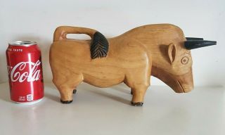 Vintage Hand Carved Solid Wood 12 " Wooden Buffalo Bull Decoration Statue Figure