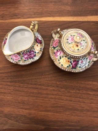 Antique Nippon Moriage And Hand Painted Roses Creamer & Sugar Bowl (1891 - 1911)