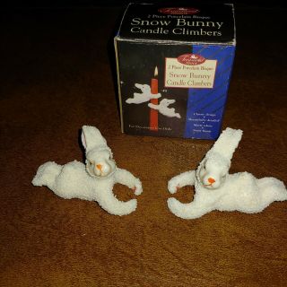 Vintage Two Piece Porcelain Bisque Snow Bunny Candle Climbers