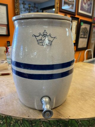 Vintage Robinson Ransbottom 2 Gallon Stoneware Dispenser Crock Blue Crown Usa