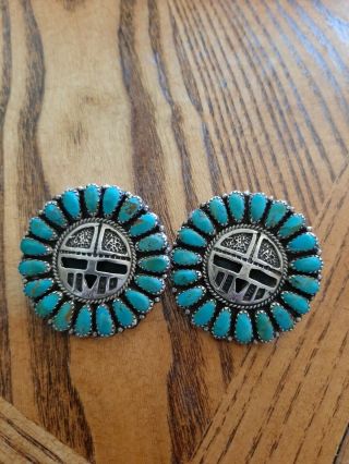 Vintage Navajo Sterling Silver Petit Point Turquoise Kachina Earrings 22 Grams