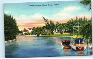 1930s Sunset Islands Wilya Boat Miami Beach Florida Vintage Linen Postcard C55
