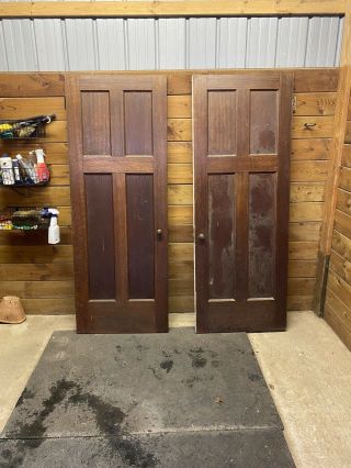 Pair Vintage Solid Oak Wood Interior Door Four Panels
