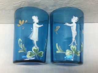 2 Antique Mary Gregory Turquoise Glass Tumblers - Girl/boy - 3 Leaf Clover - 3.  5”