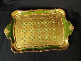 Vintage Florence Italian Hand Painted Gold And Green Serving Tray 14 "