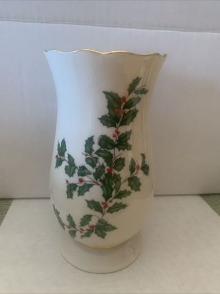 Vintage Lenox Holiday Footed Vase Holly Berry Gold Trim 8 " Christmas Decor