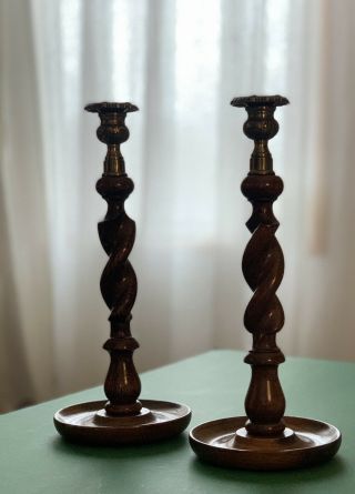Pair Antique English Oak Barley Twist Candlesticks - Taper Candle Brass Thistle