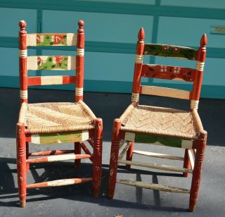 Vintage Mexican Folk Art Hand Painted Adult Size Chairs,  Set Of Two