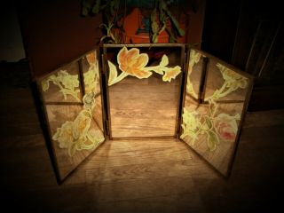 Vintage Tri Fold Mirror Vanity Table Wall Flower Floral Decoupage Shabby Mirrors