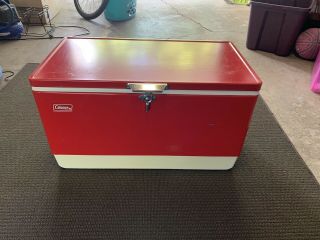 Vintage Large Coleman Red Metal Chest Cooler 70’s 28” Wide W/ Containers - Rare