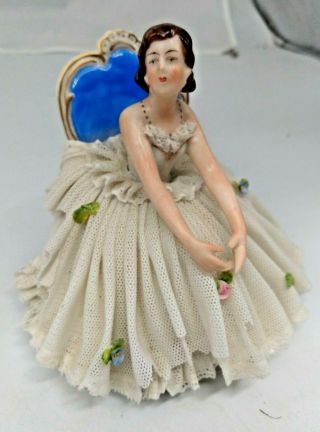 Antique Dresden Germany Figurine Lady With White Lace Dress In Chair 4 1/2 "