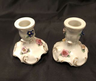 Pair Antique Von Schierholz Porcelain Candle Holders,  Applied Flowers,  Vgc