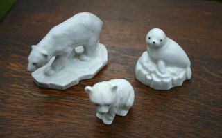 3 Vintage German Lippelsdorf White Porcelain Figurines Polar Bear,  Cub & Seal