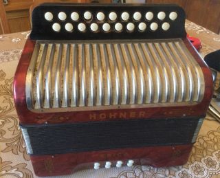 Vintage Red Accordion Melodeon Hohner Erica Folk Diatonic Button Germany