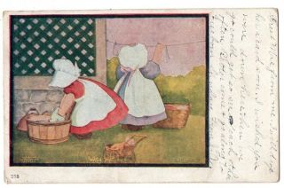 092720 Vintage A/s Corbett Sunbonnet Sue Twins Postcard Wash Day 1913