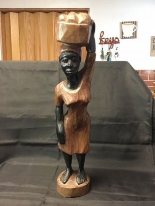 Hand Carved Woman African Wooden Figure Statue Carrying Basket On Head 20 Inches