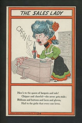 Comic Vintage Postcard Penny Awful Vinegar Valentine Sales Lady 1906 Livingston