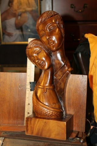 Vintage Mid Century Wood Carving Sculpture Lovers Man Woman Signed Ab 15 - 1/2 "