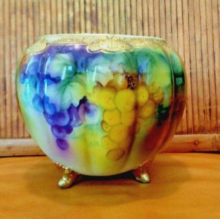 Nippon Hand Painted Vase/bowl With Grapes - Maple Leaf Mark - Gold Swag
