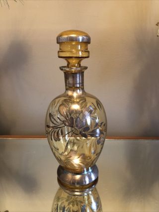 Antique Silver Overlay Amber Art Nouveau Bottle With Stopper