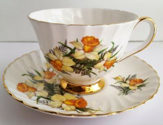 Royal Adderley Swirl Footed Teacup Saucer Daffodils Gilded England Vintage