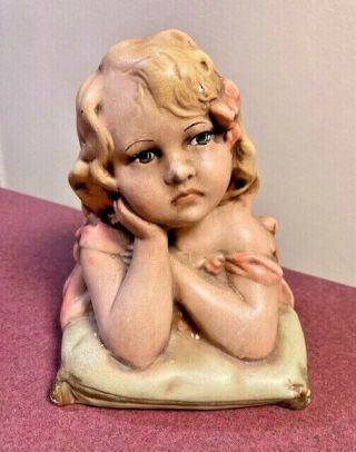 Vintage Large Piano Baby Bisque Porcelain Girl On Pillow Figurine
