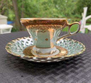 Royal Halsey " Very Fine " China Footed Cup & Saucer - Opalescent Inside.  Reticulated