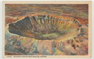 Flagstaff,  Az Postcard Meteor Crater Linen Winslow Old Fred Harvey Route 66 Pit
