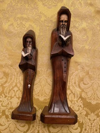 Carved Solid Hard Wood Vintage 50’s,  Two 2 Wooden Monks With Bible,  Cross.