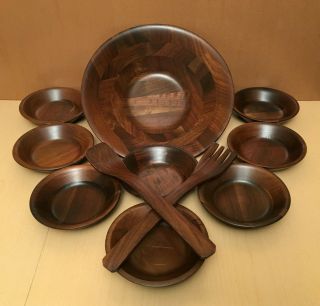 Vintage Vermillion Solid Walnut Turned Wooden Bowls Mid Century 11 Pc.  Set For 8