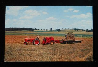 1950s Harvest Of Hay Old Farmall Tractor Baler Farming Postcard