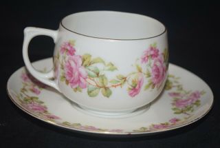 Antique M&z Austria Bone China Tea Cup And Saucer Set Pink Roses C1884 - 1909