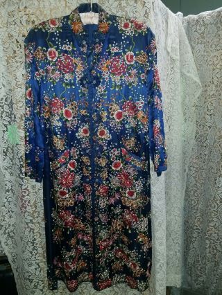 Vintage Blue Chinese Silk Full Embroidered Long Jacket Coat Robe