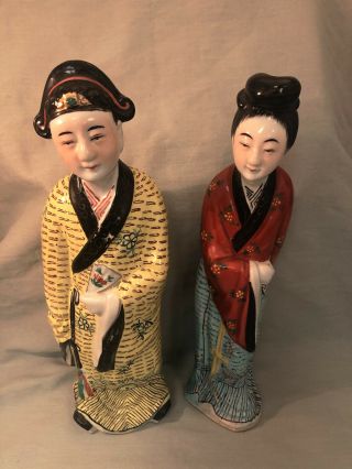 Vintage Asian Chinese Ceramic Porcelain Pair Couple Man Woman 12 Inch