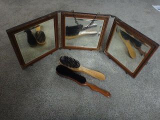 Antique Folding Tri - Fold Mirror And Brushes