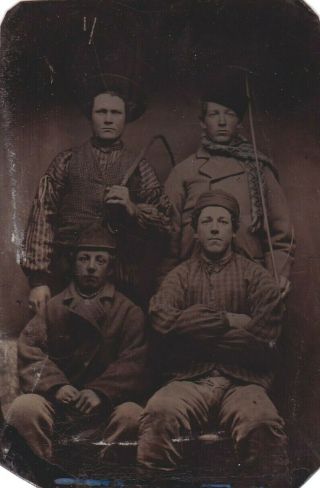 4 Lumberjacks With Oxen Whips Tintype Photo