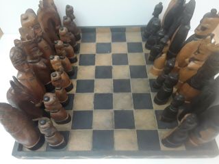 Vintage Extra Large Complete African Chess Set Hand Rare Wood Carved 7 1/2 " Tall