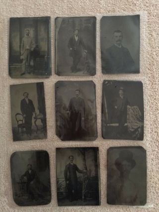 Vintage Male Tintype - Group Of 9 Men In Portraits In Studio Various Poses