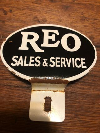 Vintage Reo Sales And Services Metal License Plate Topper Not Porcelain