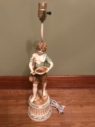 Antique L & F Moreau Spelter Lamp Hand Painted Boy With Violin And Coins 1890’s